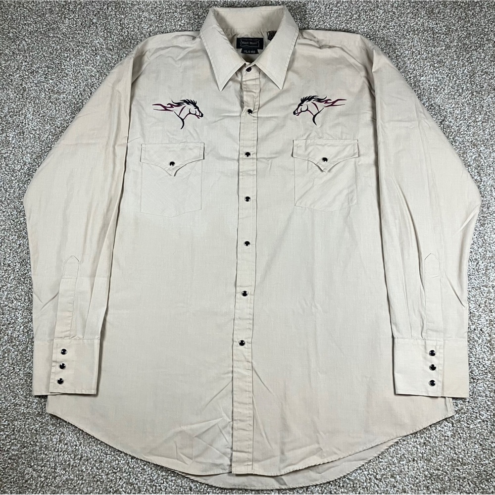 High Noon Mens Tan Embroidered Horse Western Pearl Snap Shirt Size XL Goucho
